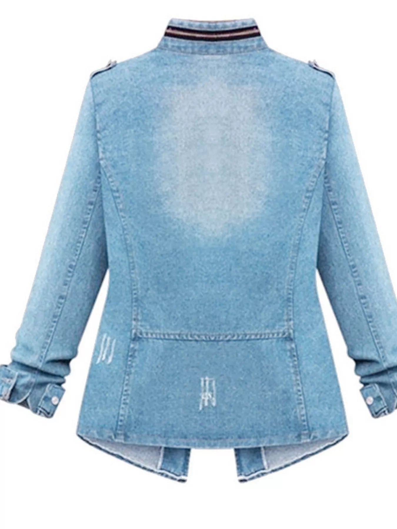 Plus size blue denim jacket with chest pockets and zip-up front by Trendsi, shown in full size on a model.