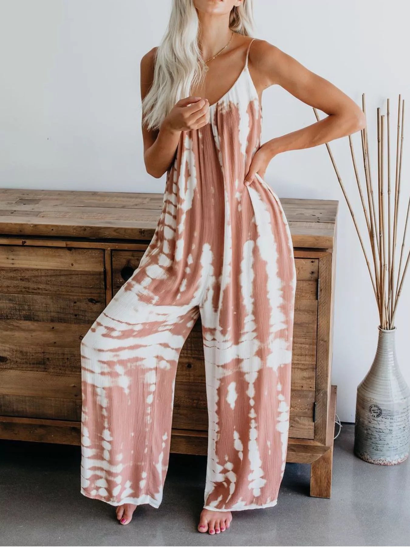 Full size blue tie-dye wide-leg jumpsuit by Trendsi, plus size, featuring a relaxed fit and stylish design.