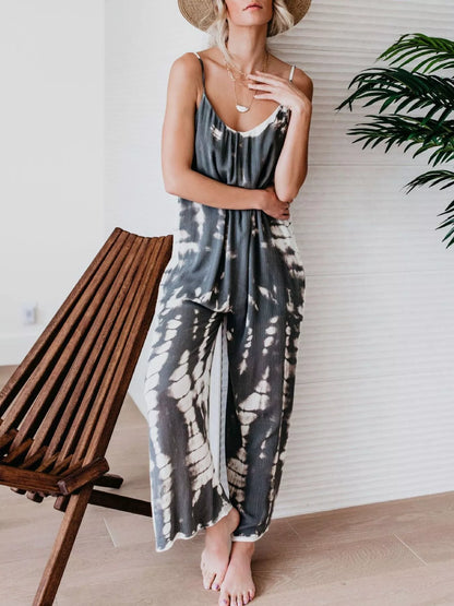 Full size blue tie-dye wide-leg jumpsuit by Trendsi, plus size, featuring a relaxed fit and stylish design.