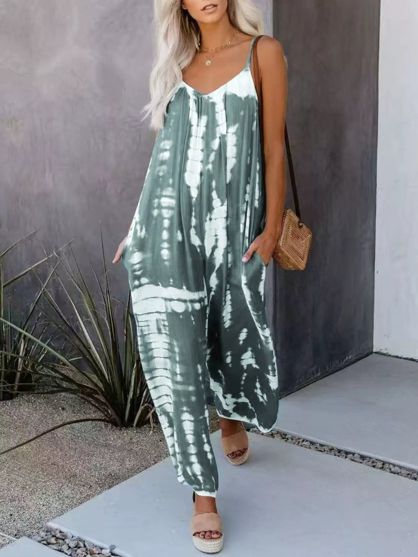 Plus size blue tie-dye wide leg jumpsuit by Trendsi, full size, stylish and comfortable casual romper with relaxed fit.