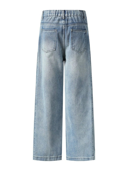 Men's high-waist wide-leg relaxed fit jeans in blue denim, Trendsi brand, displayed on a model.
