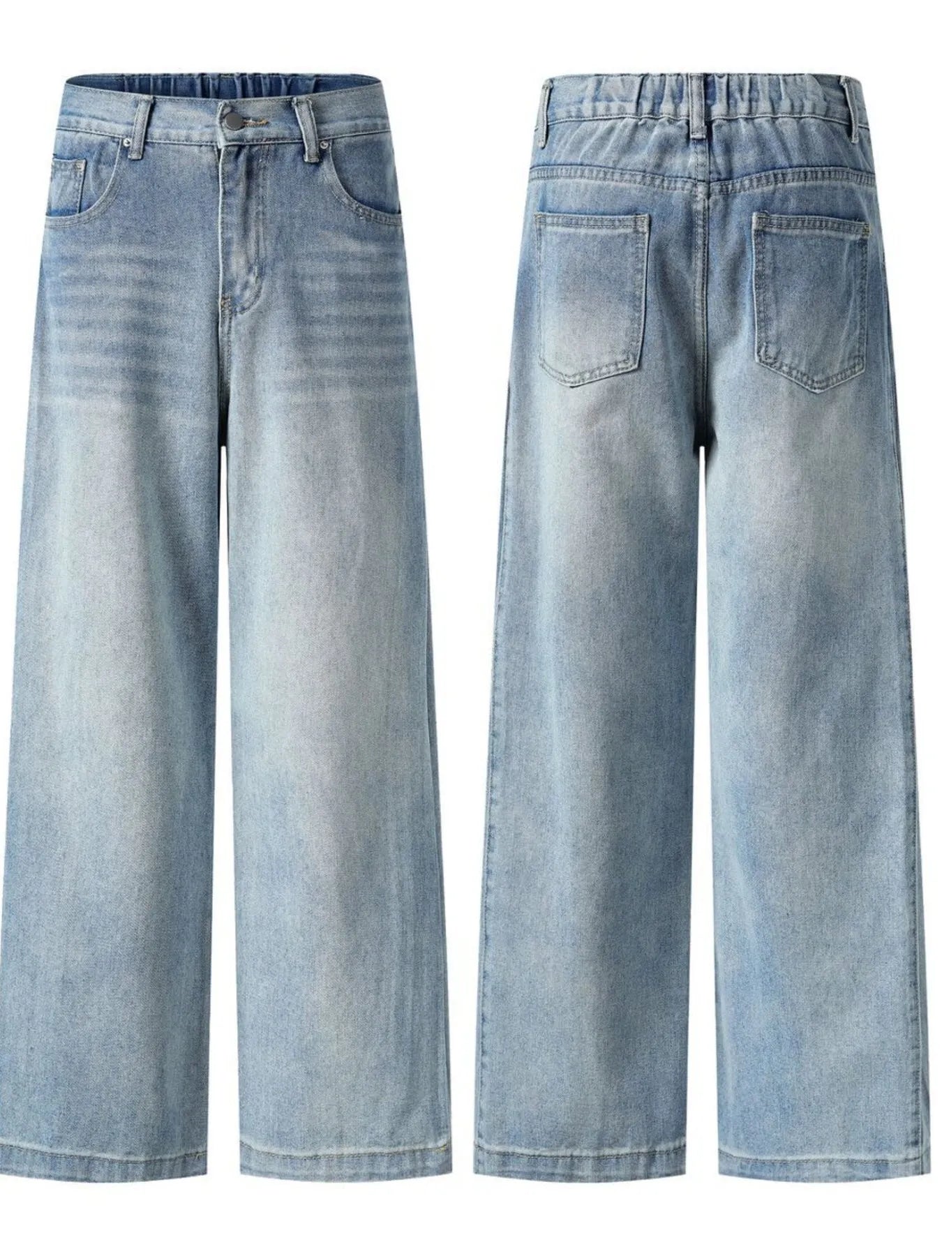 Men's high-waist wide-leg relaxed fit jeans in blue from Trendsi, shown with a focus on the waistband and relaxed leg silhouette.