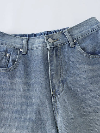 Men's high-waist wide-leg relaxed fit jeans in blue denim by Trendsi, shown on a model, with front and back views.
