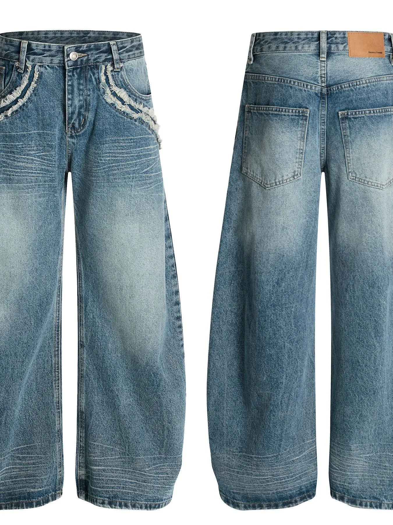 Men's wide-leg vintage wash jeans by Trendsi, showing relaxed fit and faded denim fabric with classic stitching details.