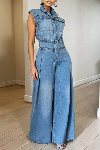 Sleeveless wide-leg denim jumpsuit with button-front from Trendsi, featuring a casual, stylish design and front button closure.