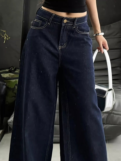 Blue wide-leg jeans by Trendsi, featuring a relaxed fit, high waist, and classic denim style, shown on a model.