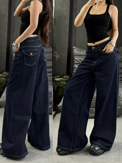 Blue wide-leg jeans by Trendsi, featuring a relaxed fit, high waist, and classic denim texture.