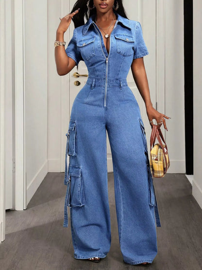 Zip front short sleeve denim jumpsuit by Trendsi, featuring a fitted style with functional front zipper and casual short sleeves.