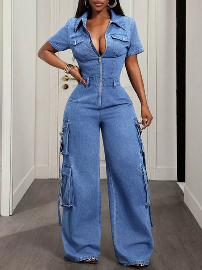 Zip front short sleeve denim jumpsuit from Trendsi, featuring a fitted silhouette, front zipper, and classic blue denim fabric.