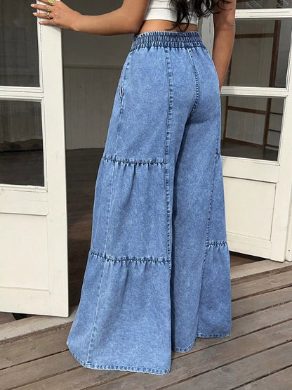 Wide leg tiered jeans from Trendsi featuring a relaxed fit and layered design with a stylish, modern silhouette.