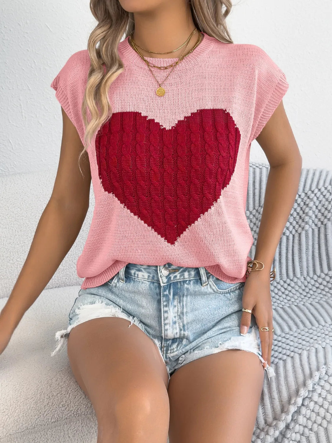 Cable Knit Heart Round Neck Cap Sleeve Knit Top - Redemption By Ashley North
