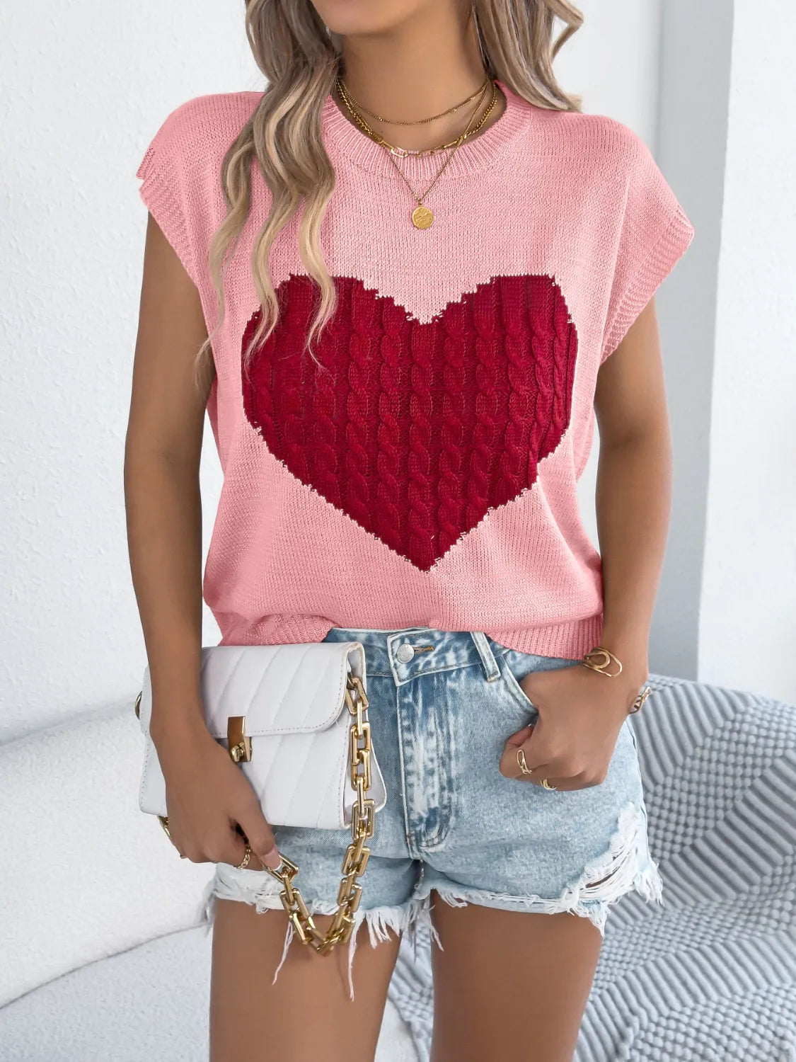 Cable Knit Heart Round Neck Cap Sleeve Knit Top - Redemption By Ashley North