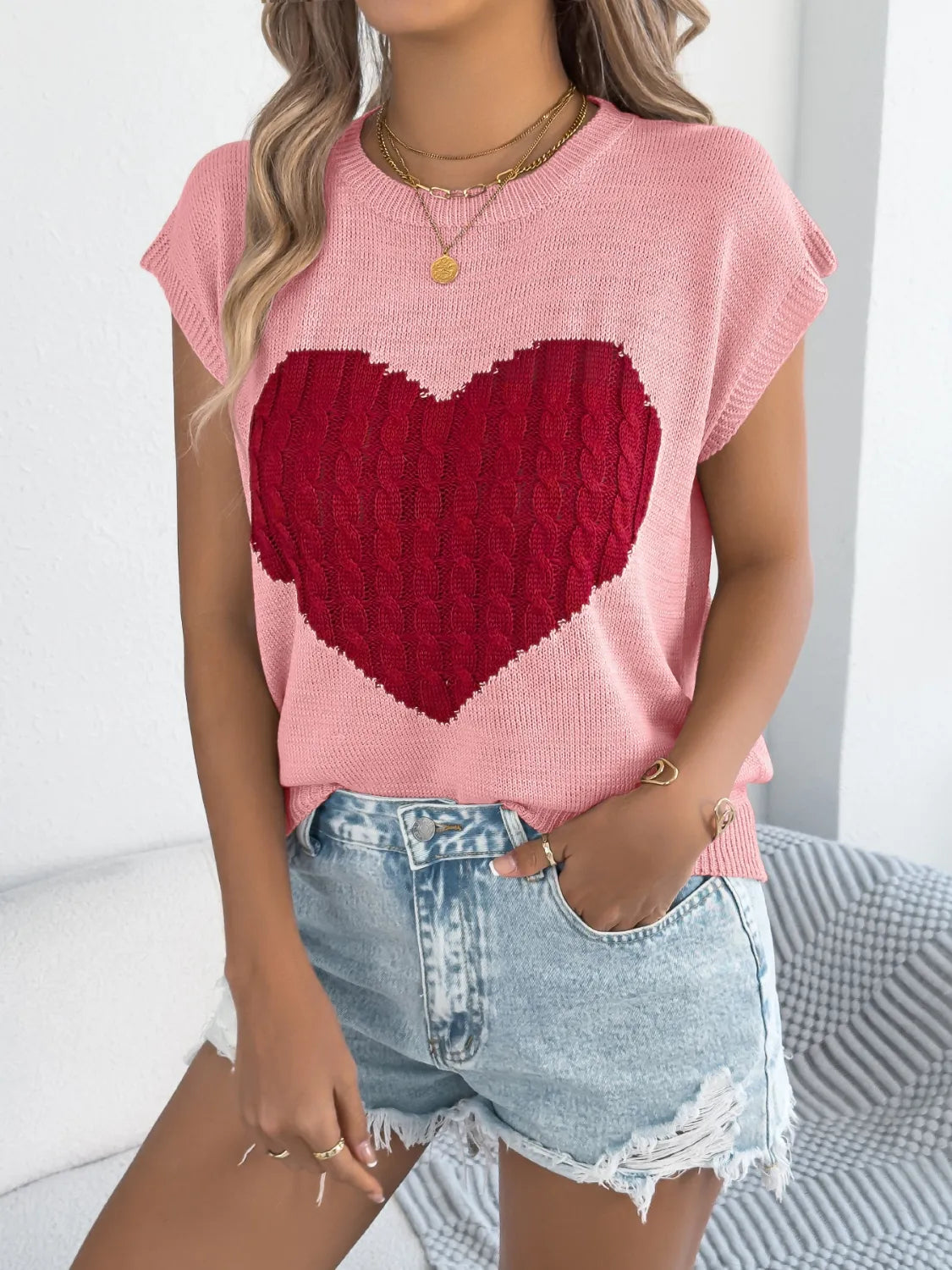Cable Knit Heart Round Neck Cap Sleeve Knit Top - Redemption By Ashley North