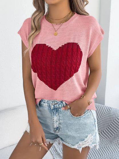 Cable Knit Heart Round Neck Cap Sleeve Knit Top - Redemption By Ashley North