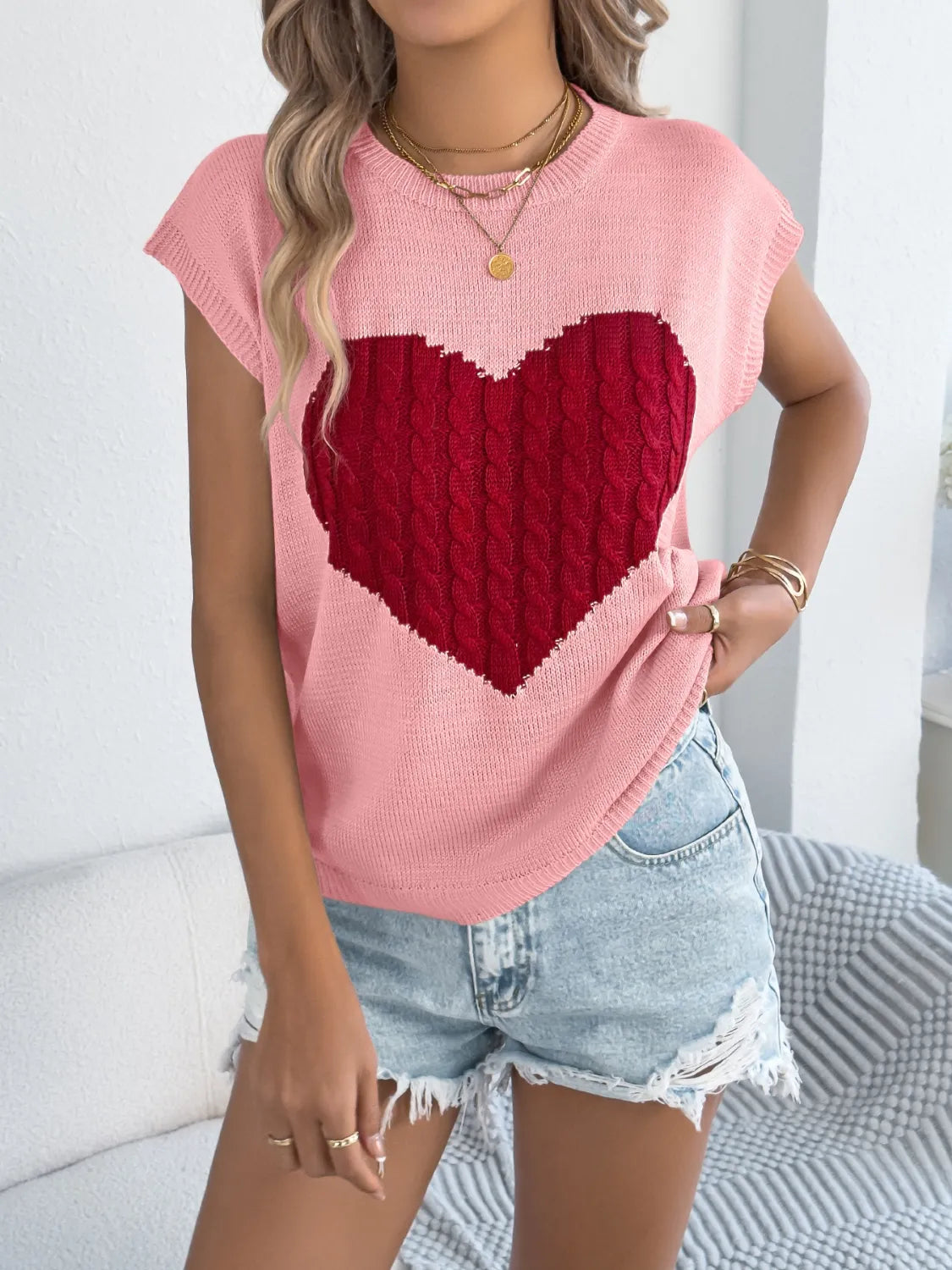 Cable Knit Heart Round Neck Cap Sleeve Knit Top - Redemption By Ashley North