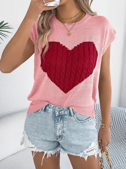 Cable Knit Heart Round Neck Cap Sleeve Knit Top - Redemption By Ashley North