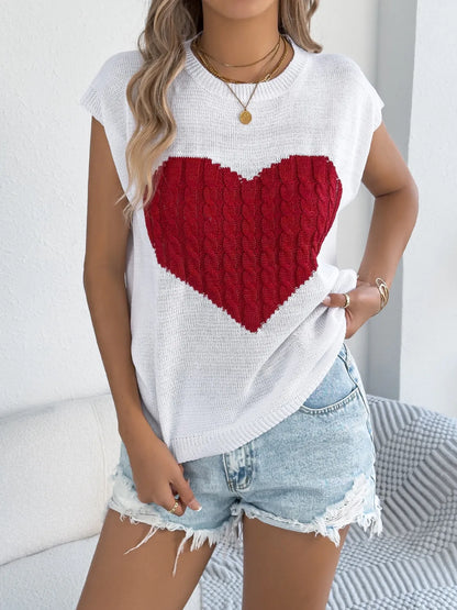 Cable Knit Heart Round Neck Cap Sleeve Knit Top - Redemption By Ashley North