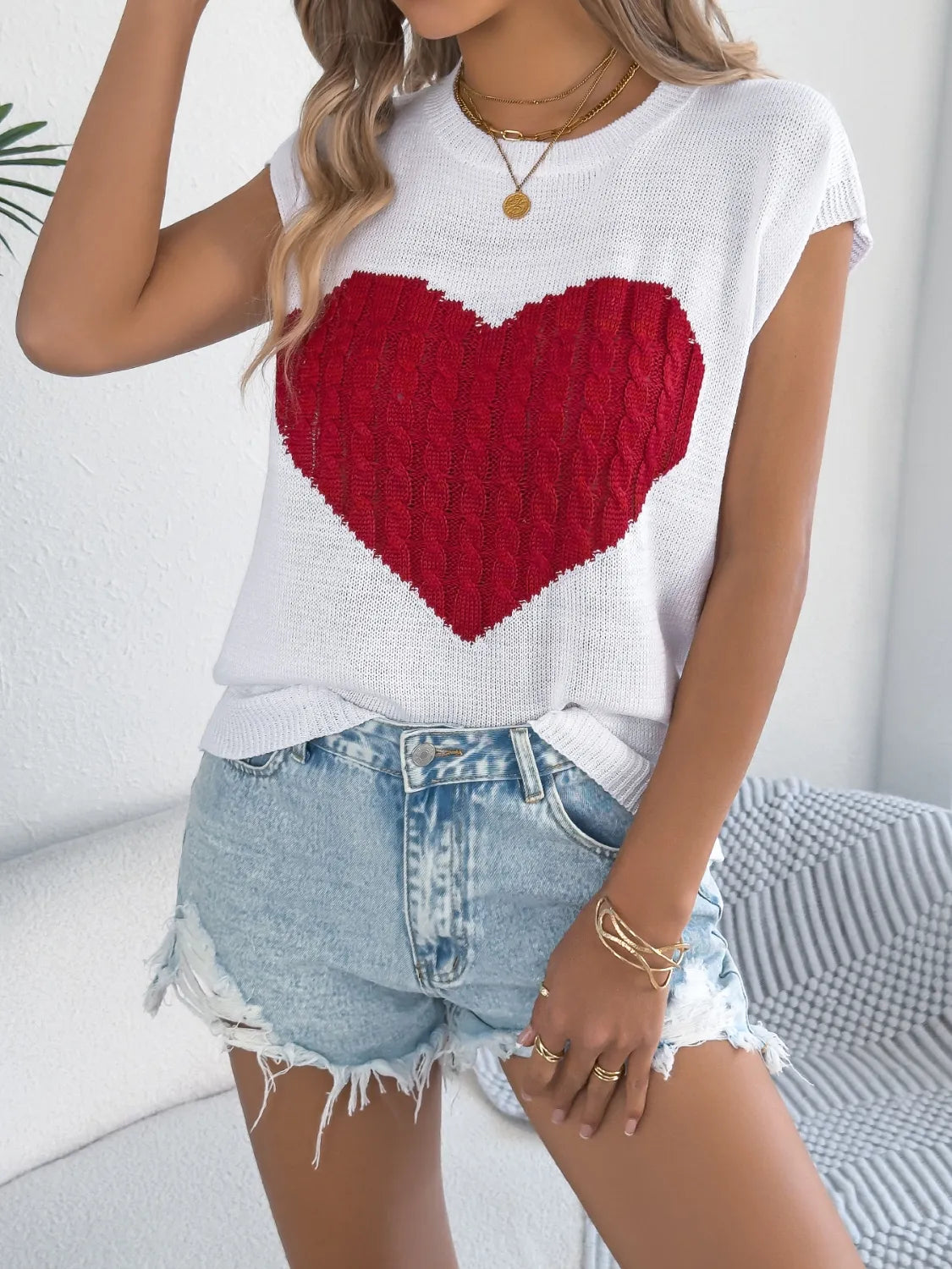 Cable Knit Heart Round Neck Cap Sleeve Knit Top - Redemption By Ashley North