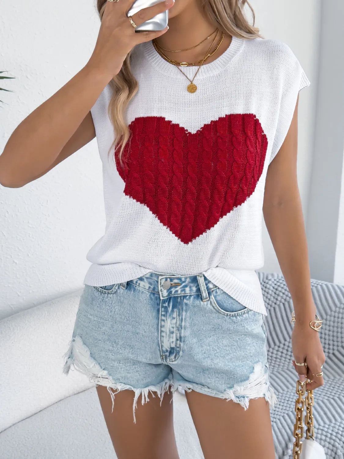 Cable Knit Heart Round Neck Cap Sleeve Knit Top - Redemption By Ashley North