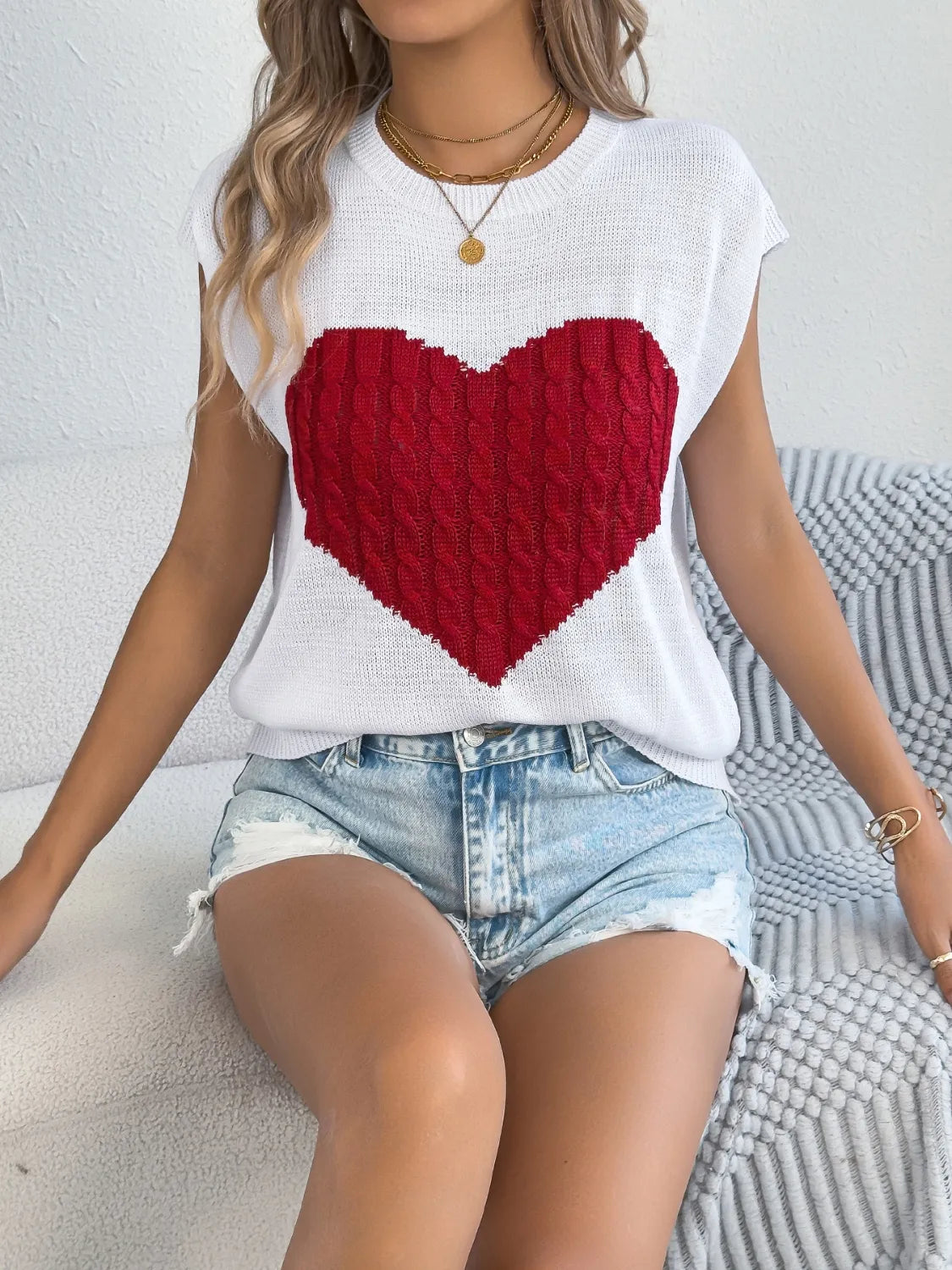 Cable Knit Heart Round Neck Cap Sleeve Knit Top - Redemption By Ashley North