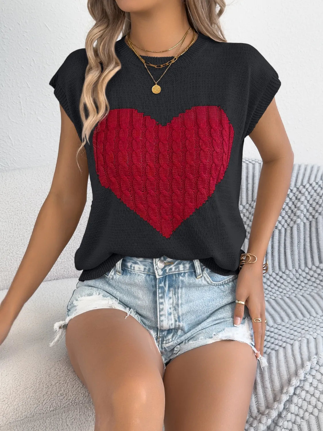 Cable Knit Heart Round Neck Cap Sleeve Knit Top - Redemption By Ashley North