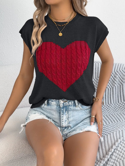 Cable Knit Heart Round Neck Cap Sleeve Knit Top - Redemption By Ashley North