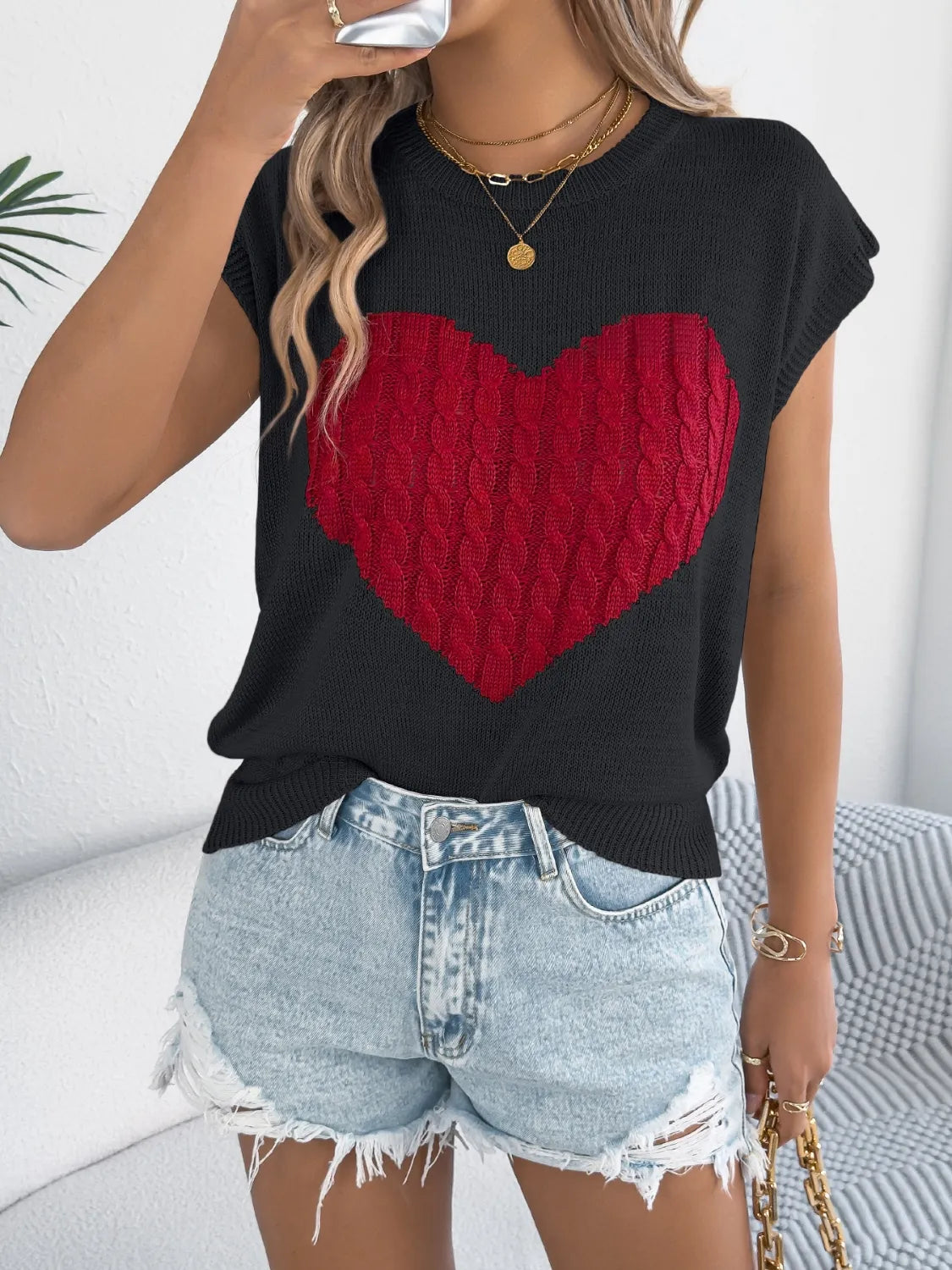 Cable Knit Heart Round Neck Cap Sleeve Knit Top - Redemption By Ashley North