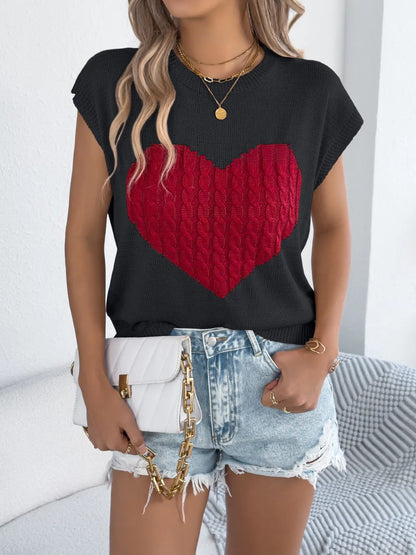 Cable Knit Heart Round Neck Cap Sleeve Knit Top - Redemption By Ashley North