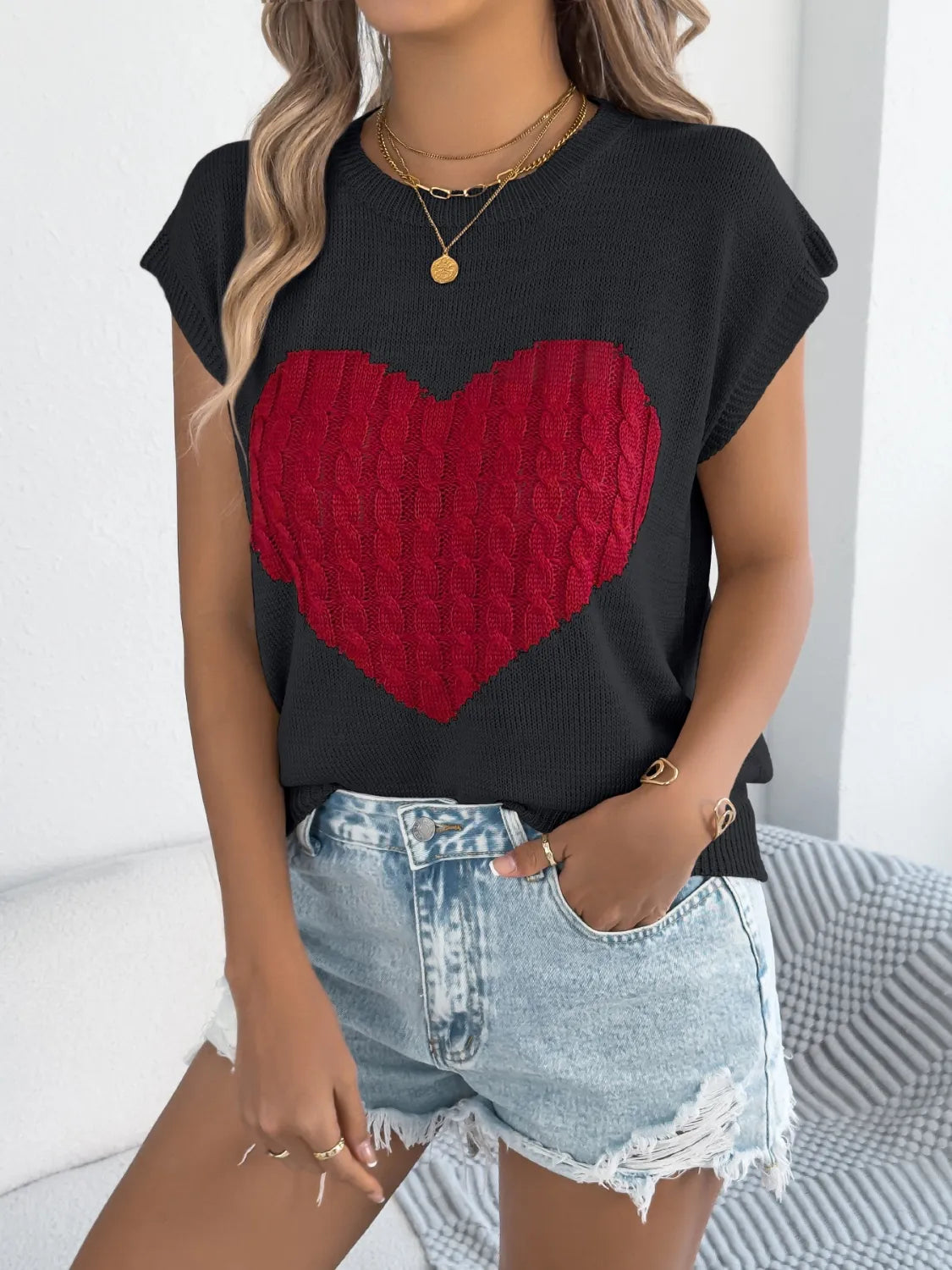 Cable Knit Heart Round Neck Cap Sleeve Knit Top - Redemption By Ashley North