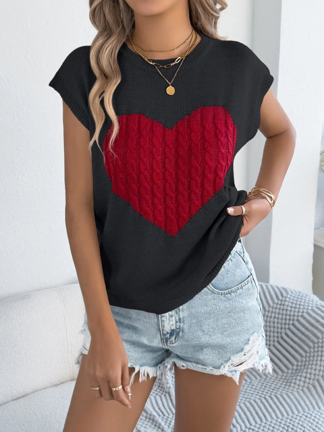 Cable Knit Heart Round Neck Cap Sleeve Knit Top - Redemption By Ashley North
