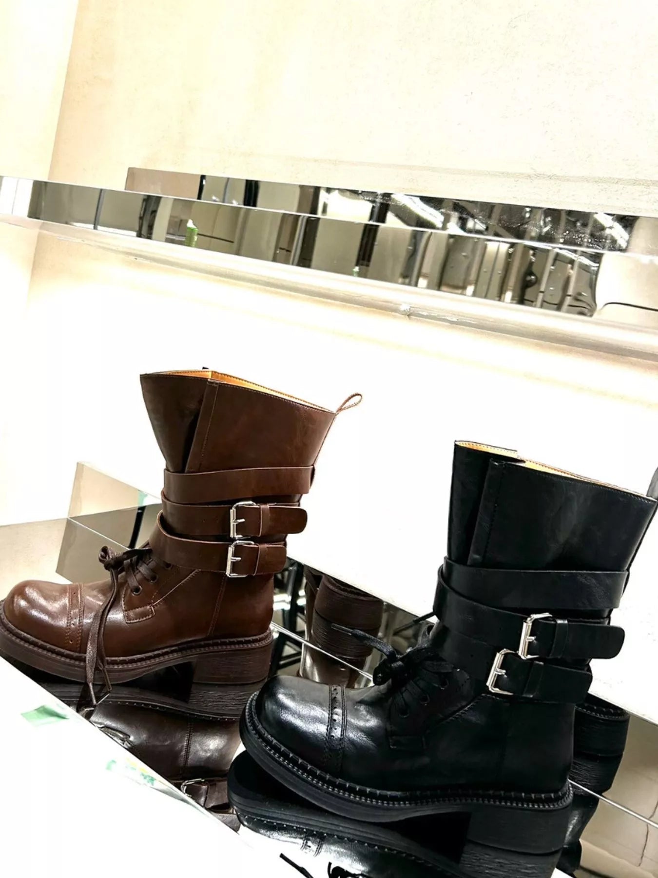 Brown Trendsi buckled leather block heel boots with ankle straps and side buckles, stylish and versatile for various outfits.