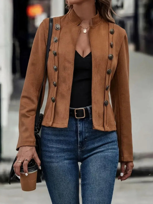 Decorative Button Open Front Long Sleeve Jacket - Redemption By Ashley North