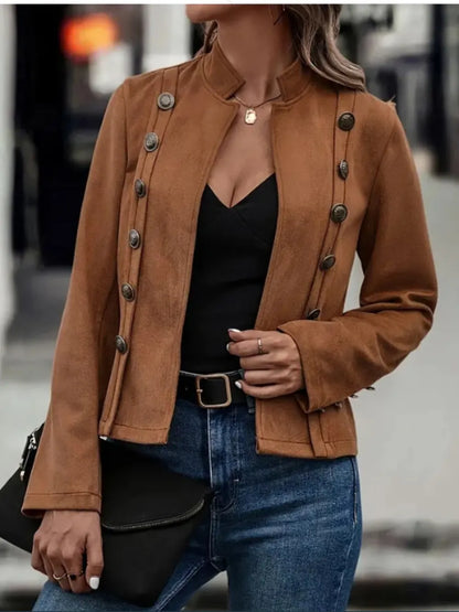 Decorative Button Open Front Long Sleeve Jacket - Redemption By Ashley North