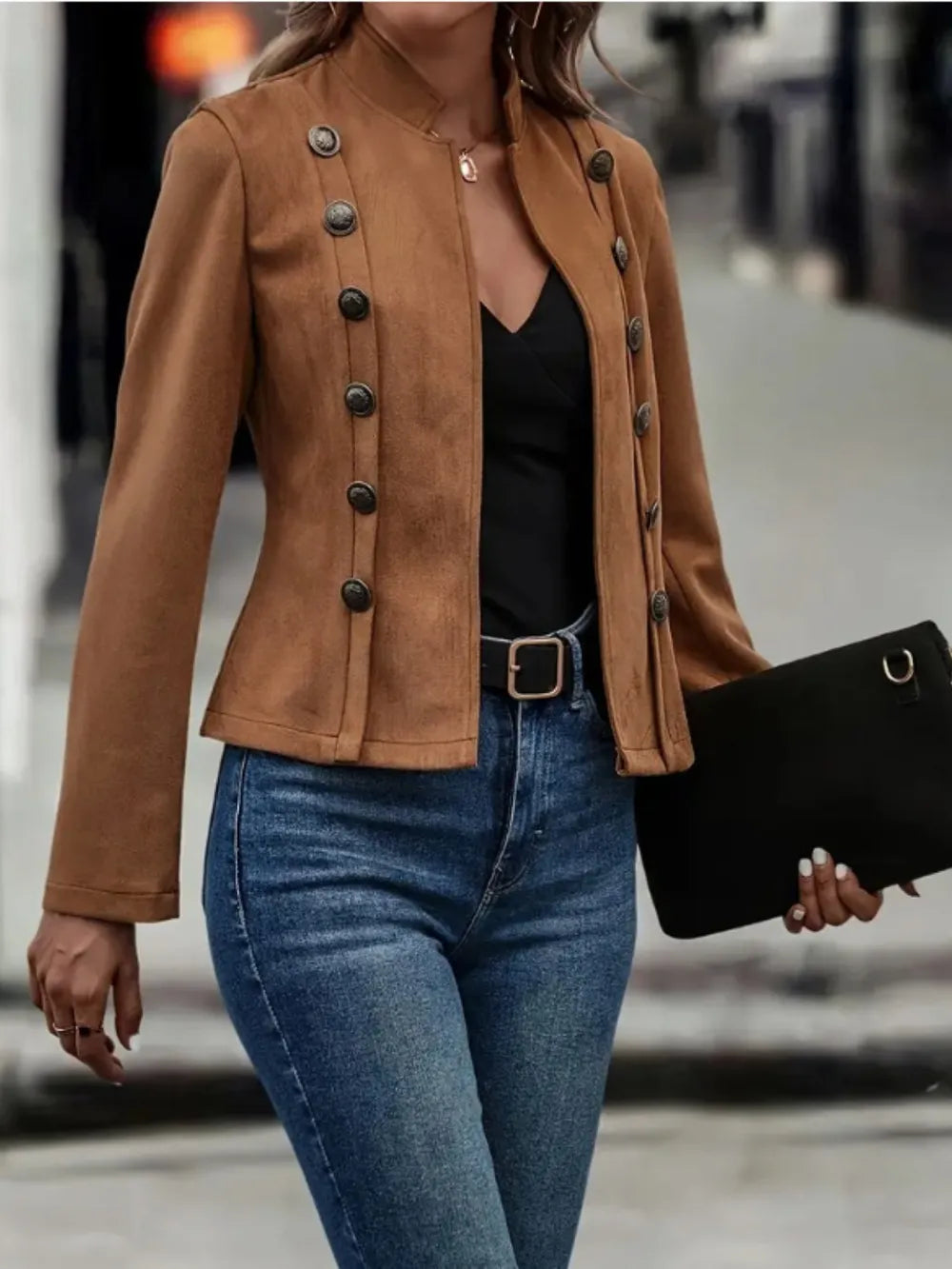 Decorative Button Open Front Long Sleeve Jacket - Redemption By Ashley North