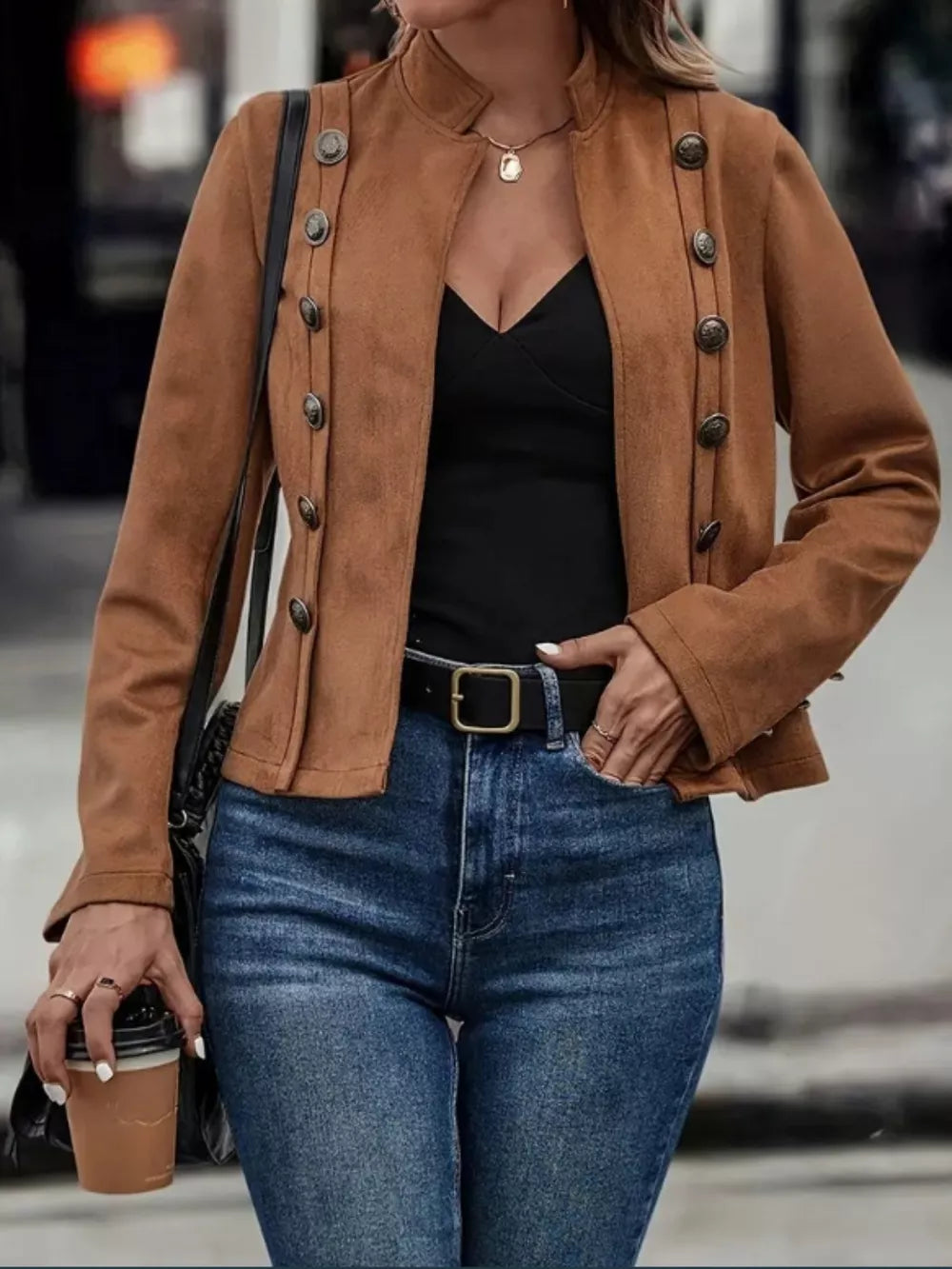 Decorative Button Open Front Long Sleeve Jacket - Redemption By Ashley North