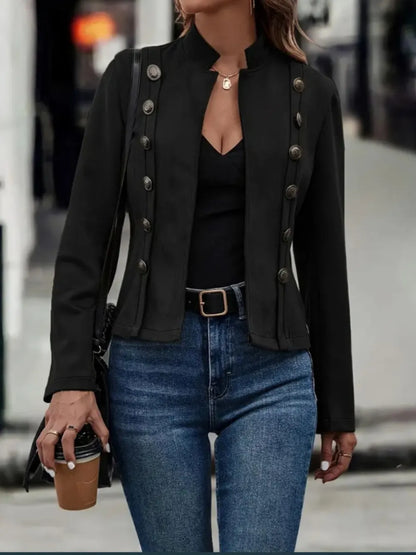 Decorative Button Open Front Long Sleeve Jacket - Redemption By Ashley North