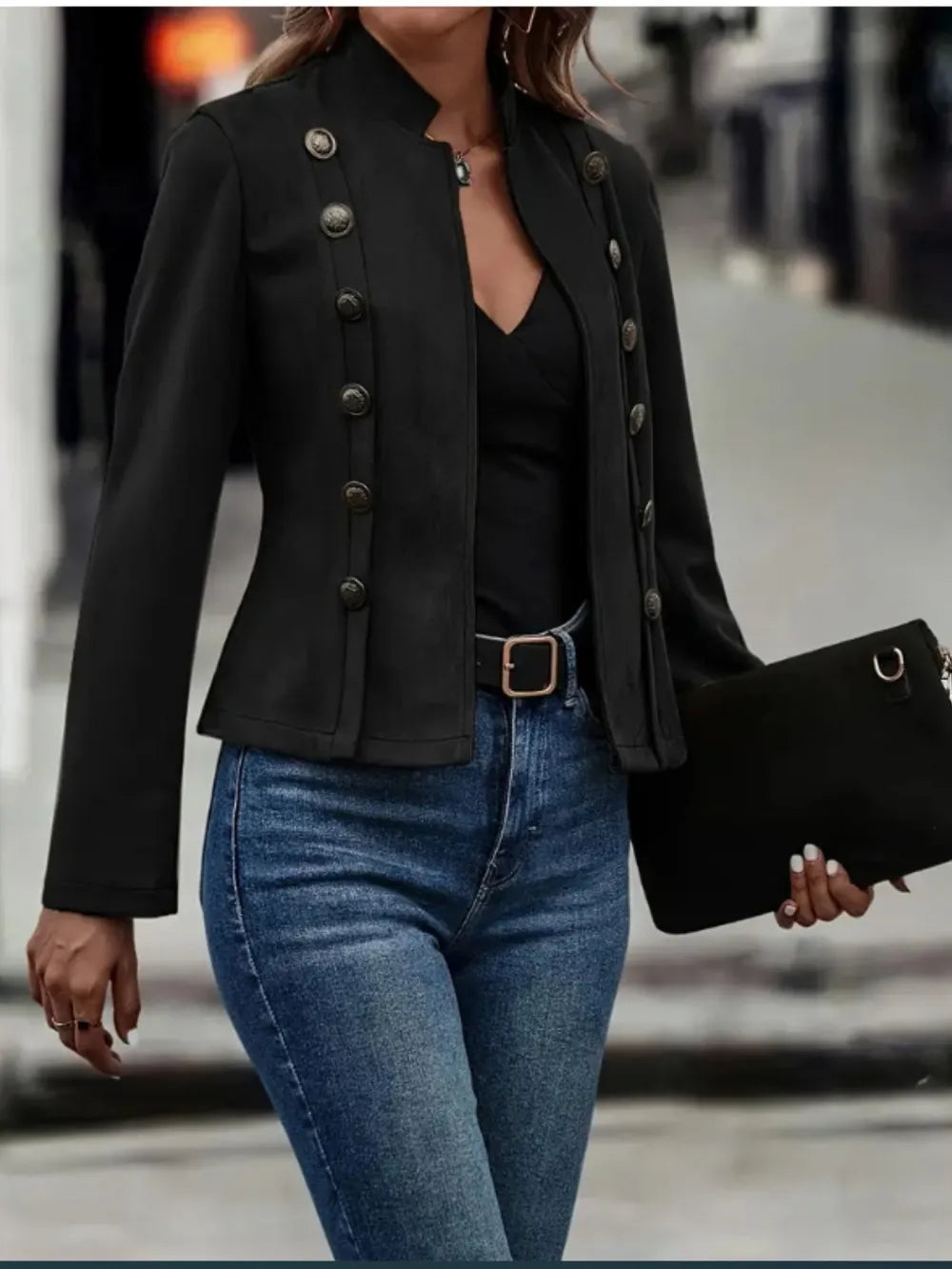 Decorative Button Open Front Long Sleeve Jacket - Redemption By Ashley North