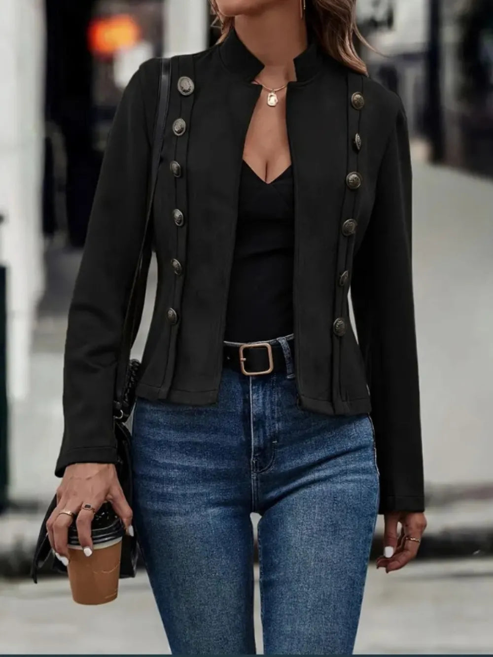 Decorative Button Open Front Long Sleeve Jacket - Redemption By Ashley North