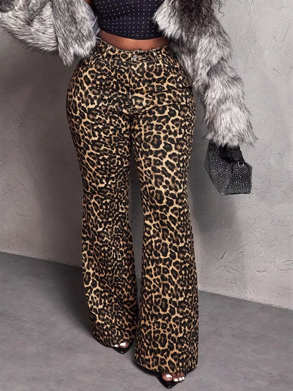 Brown leopard wide-leg pants from Trendsi, featuring a relaxed fit and stylish animal print fabric.