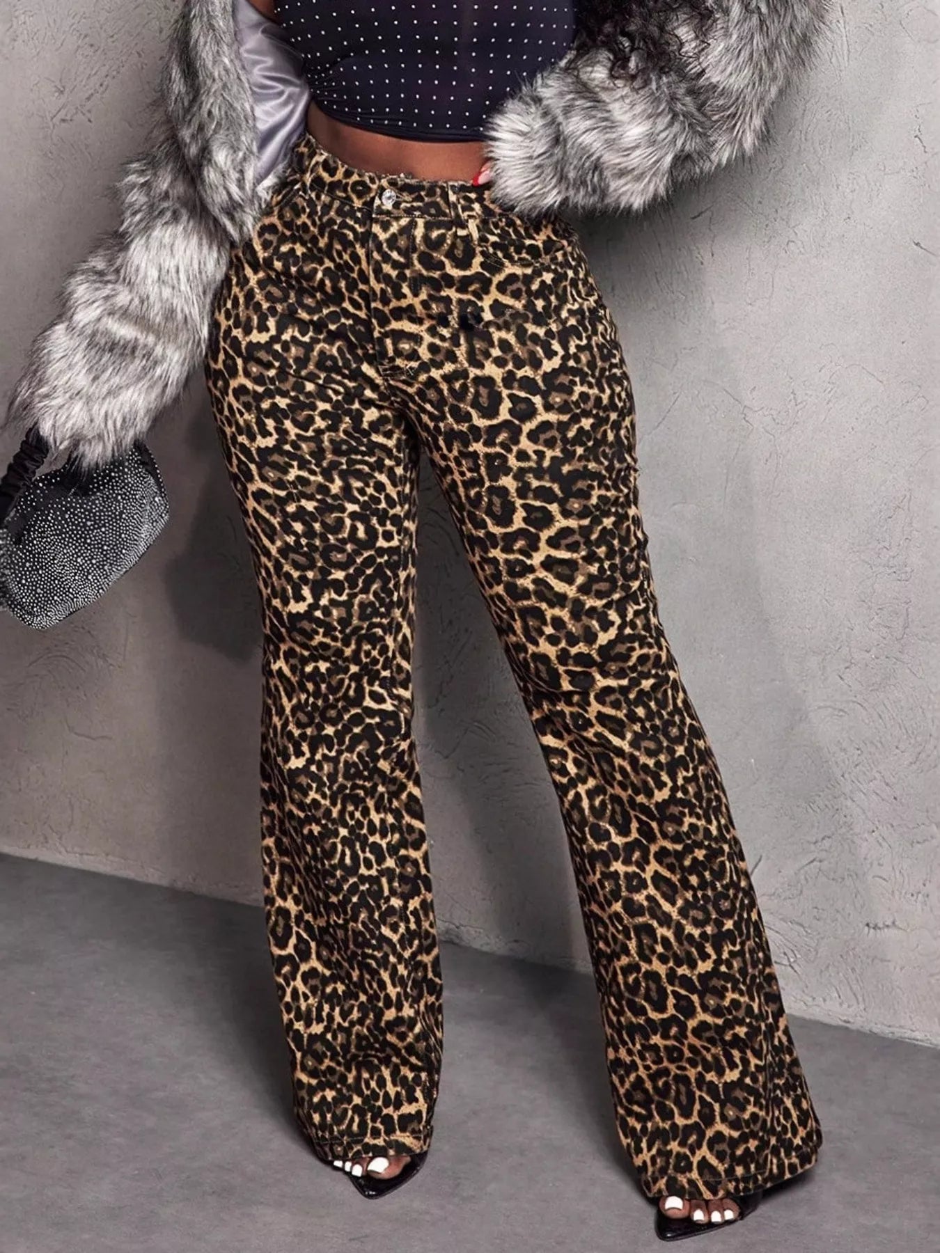 Brown leopard print wide-leg pants by Trendsi, featuring a relaxed fit and stylish high waist.