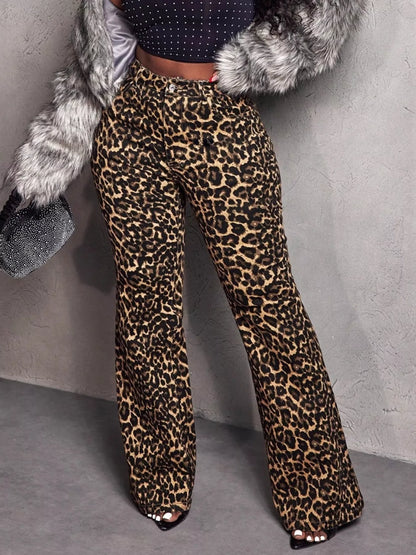 Brown leopard print wide-leg pants by Trendsi, featuring a relaxed fit and stylish high waist.