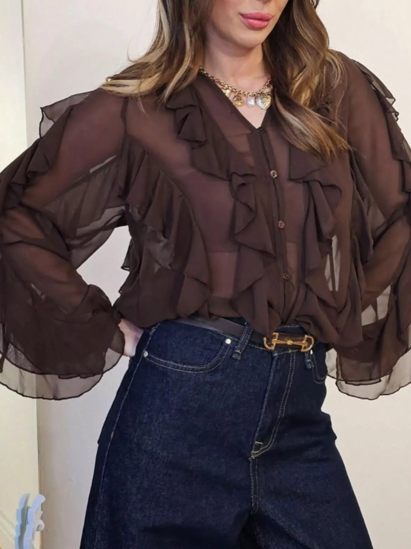 Sheer long sleeve blouse with ruffled details, stylish and feminine, from Trendsi, shown in a close-up image.