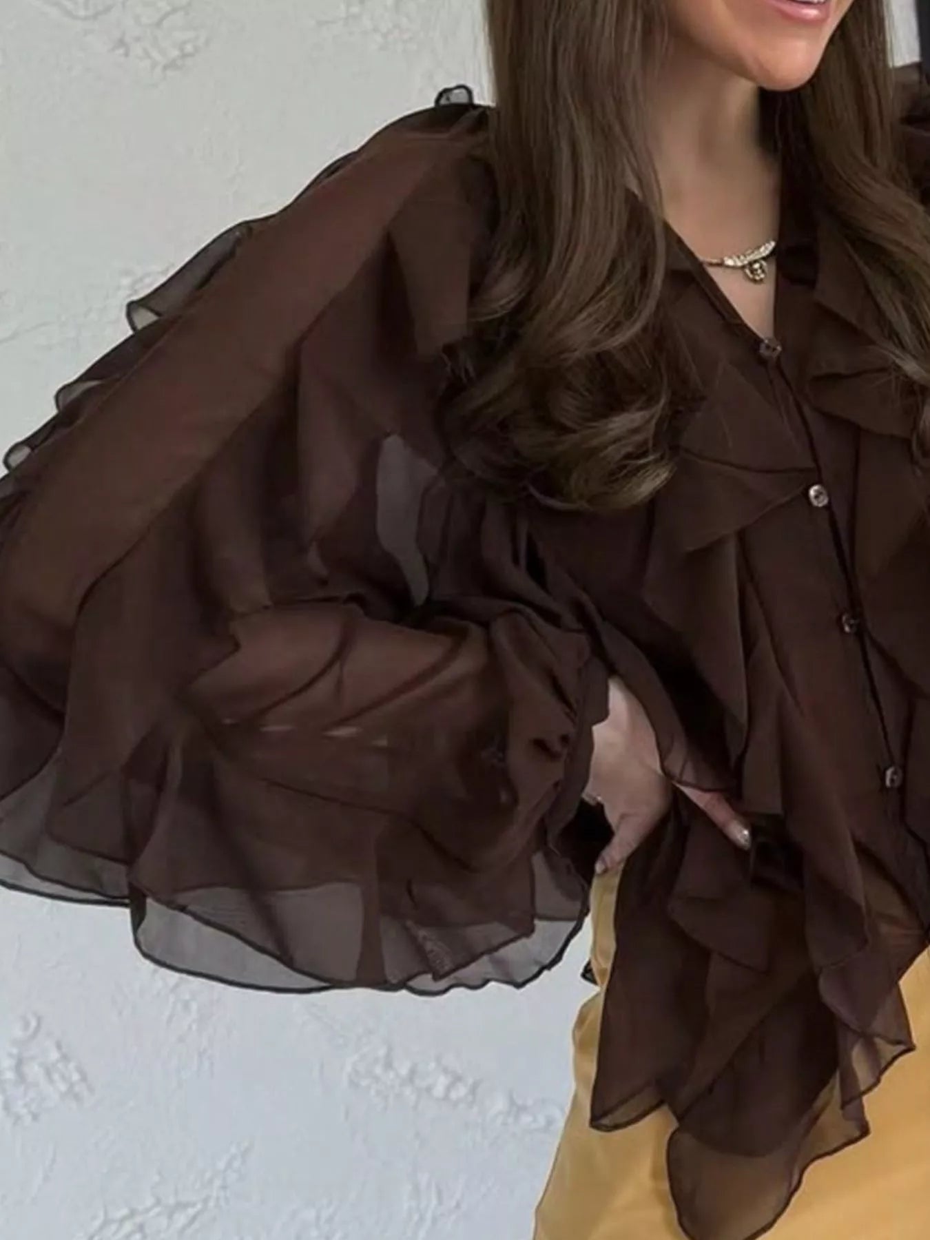 Ruffled sheer long sleeve blouse by Trendsi featuring delicate ruffles and lightweight, transparent fabric.