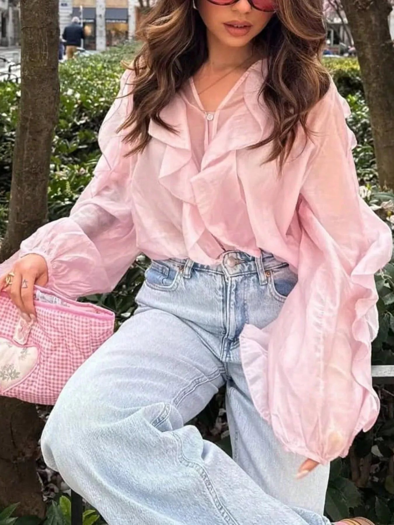 Ruffled sheer long sleeve blouse from Trendsi with delicate ruffles and lightweight fabric, stylish and feminine for elegant outfits.