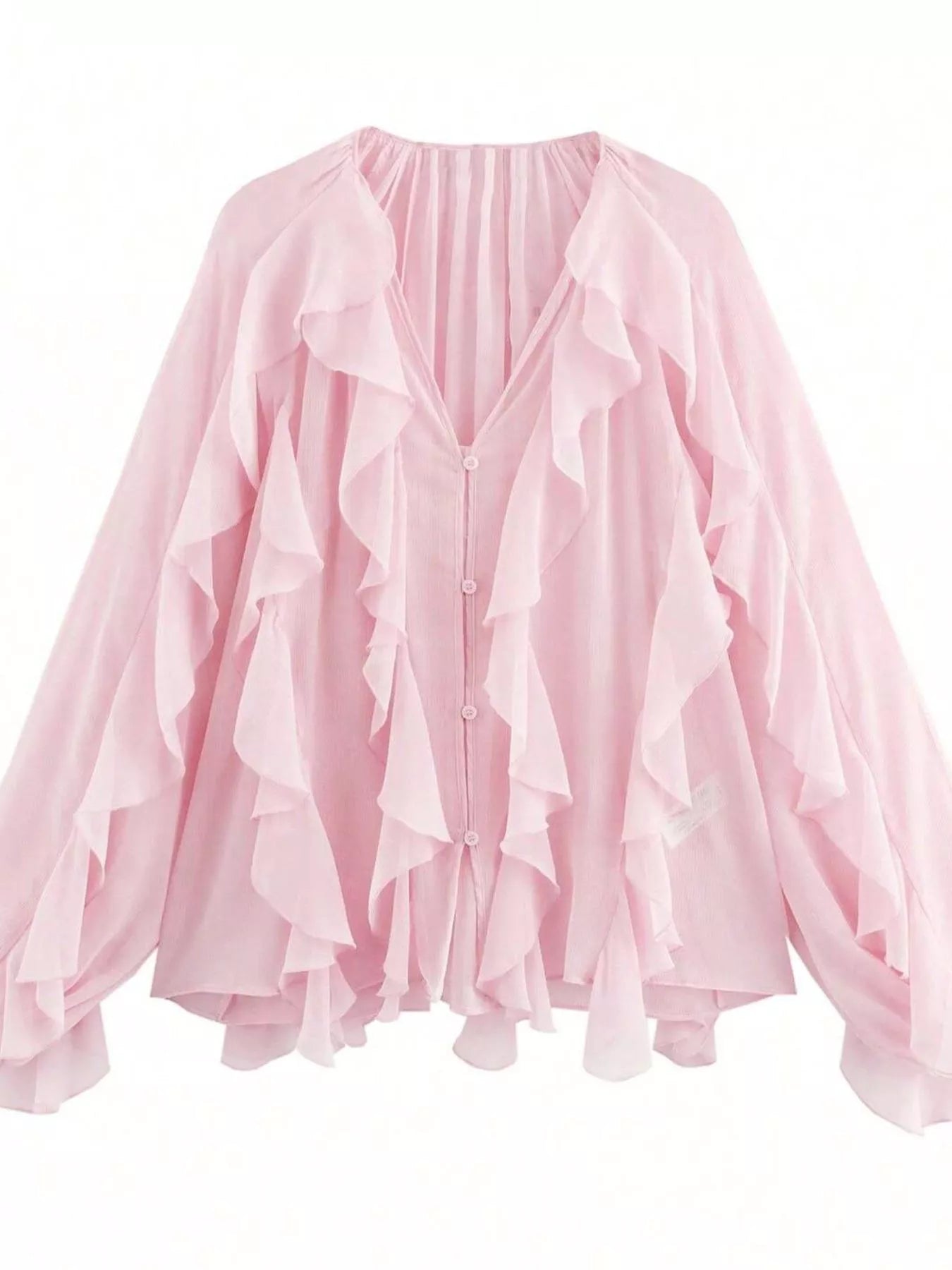 Sheer long sleeve blouse with ruffled details from Trendsi, featuring a delicate, flowy design and feminine style.