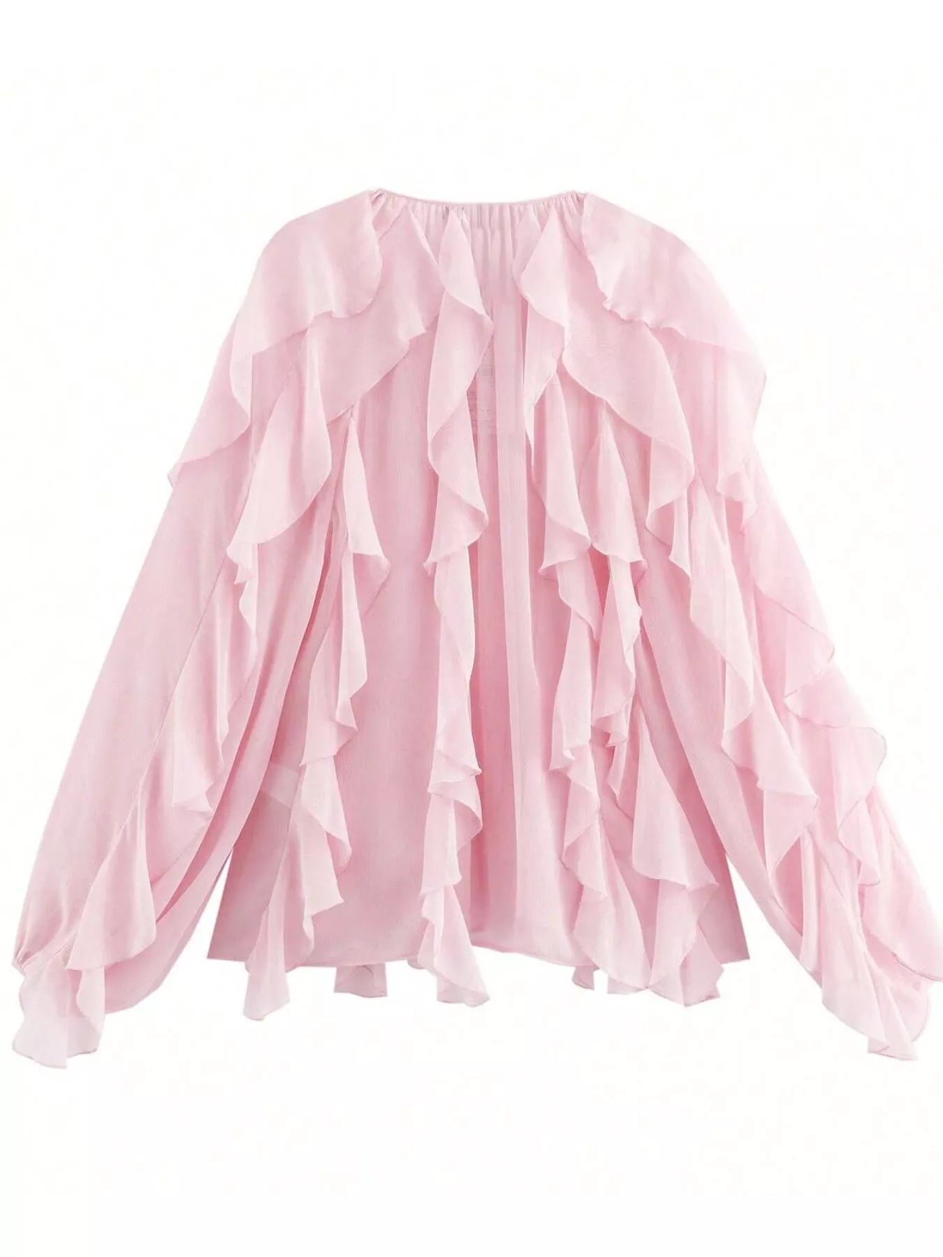 Sheer long sleeve blouse with ruffled accents, stylish and feminine, featuring elegant details and a flowy fit.