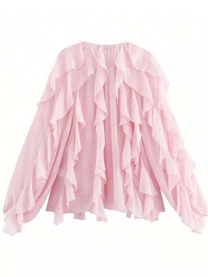 Sheer long sleeve blouse with ruffled accents, stylish and feminine, featuring elegant details and a flowy fit.