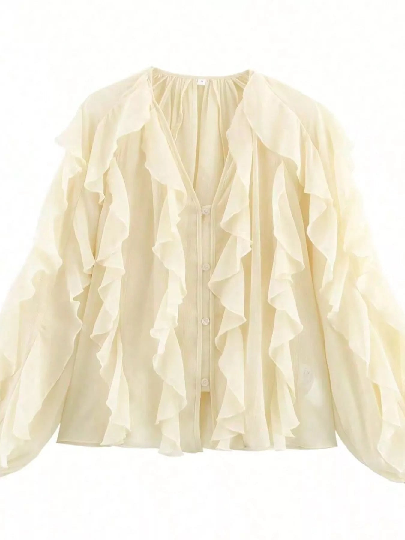 Brown ruffled sheer long sleeve blouse by Trendsi, featuring delicate fabric and elegant ruffle details.