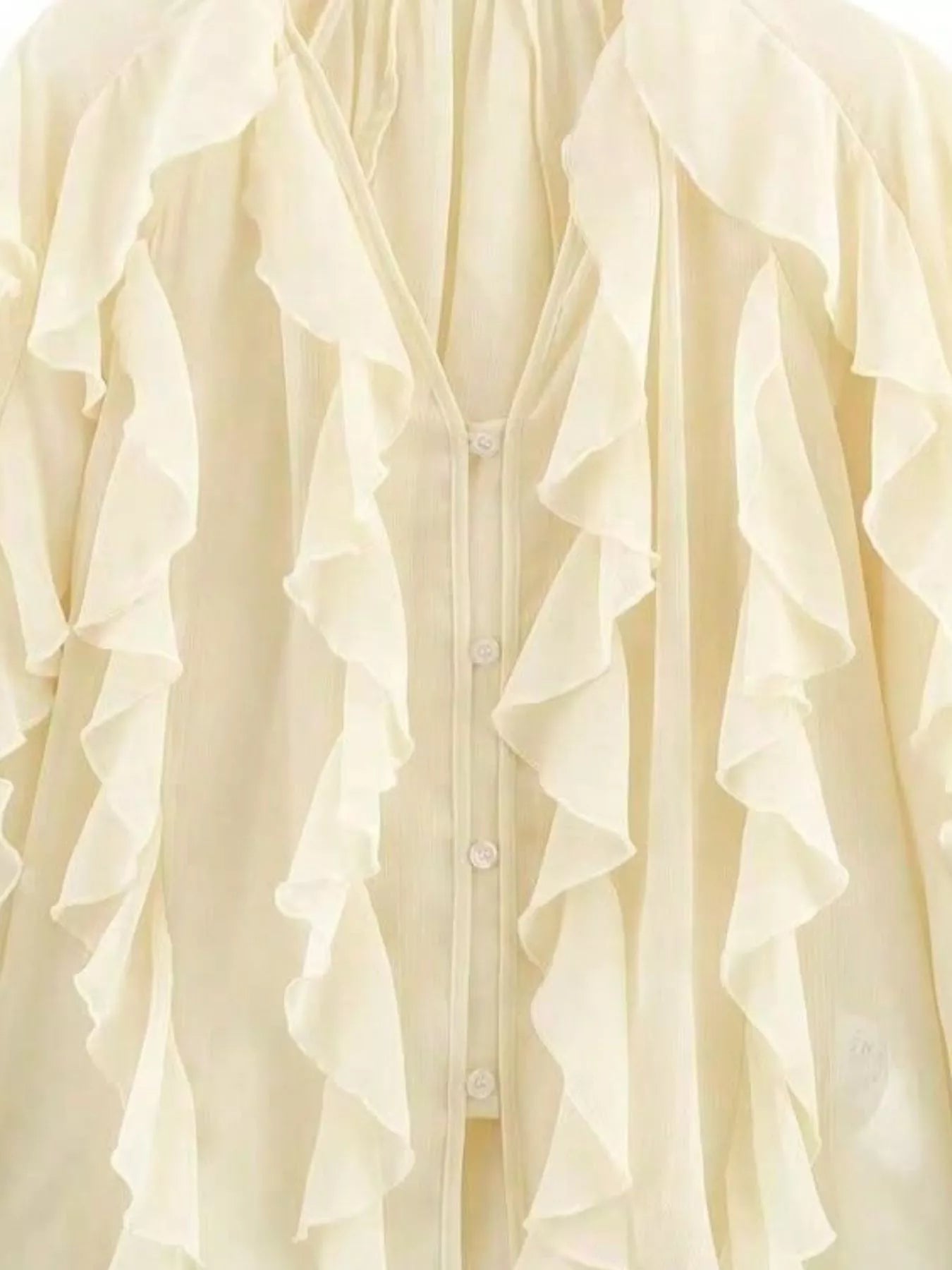 Ruffled sheer long sleeve blouse from Trendsi featuring delicate ruffles and lightweight fabric, stylish and feminine.