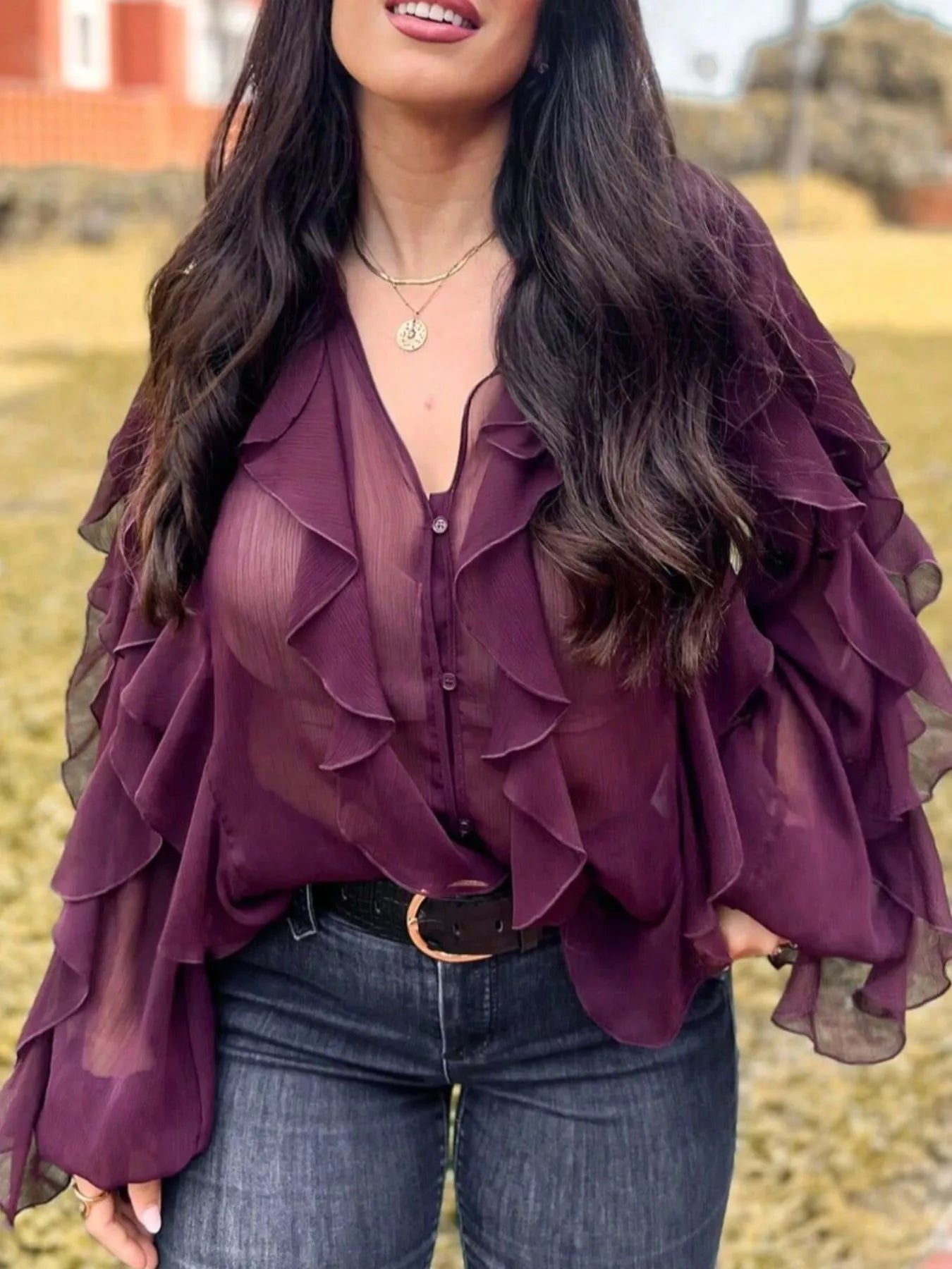 Brown ruffled sheer long sleeve blouse by Trendsi, featuring delicate ruffles and lightweight, transparent fabric for a stylish look.